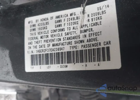 2014 Honda Accord Lx z USA, uszkodzony, nr VIN 1HGCR2F37EA238947